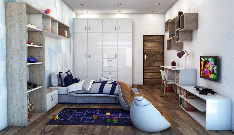 Comfy designed bedroom for a boy, with dark wood flooring and modern finishes. Features include an entertainment area, desk, play mat, and custom wooden shelves stacked with toys and figurines.
