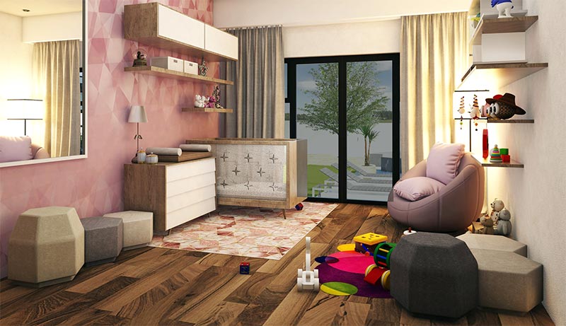 Interior 3D rendering of a designer baby room, showcasing a feature pink wall and custom shelves. A soft lamp in the background adds warmth to the scene, with toys scattered on the floor.