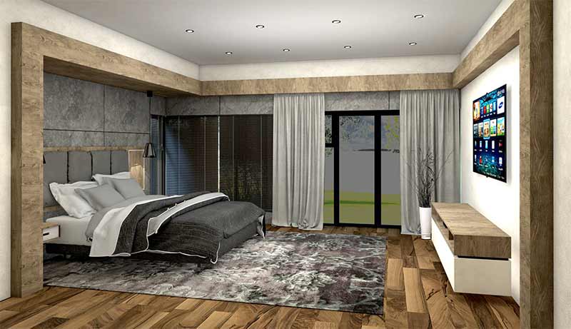 Interior rendering of a spacious modern bedroom featuring wooden floors and stylish wood paneling on the walls. A state-of-the-art marble accent behind the king-size bed's headboard adds a touch of luxury, complemented by a beautiful carpet.