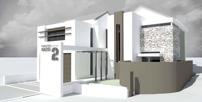3D Design of a large modern double story house, predominantly white with brown signature elements and stylish rock walls