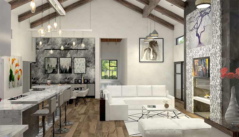 An interior 3D render of a modern living area boasting high ceilings adorned with heavy sleeper wood rafters. The space features wooden flooring, a cozy fireplace adorned with art pieces, and designer light bulbs hanging low over the smooth light marble counter
