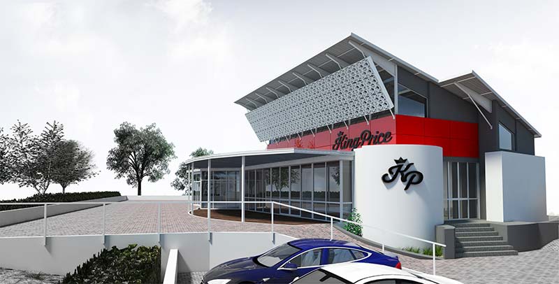 3D-rendered modern office building design with distinctive red architectural elements, showcasing King Price logo. Illustration includes parked cars for added realism.