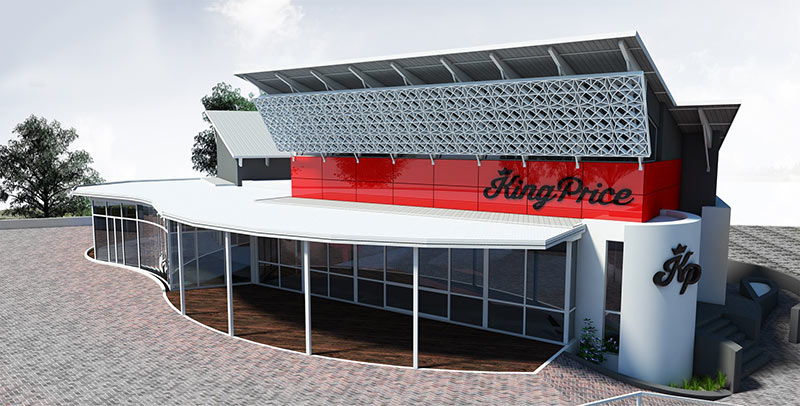 3D-rendered modern office building design featuring distinctive red architectural elements and prominently showcasing the King Price logo. The design includes a strategically placed screen to mitigate sunlight, while the ground floor offers an open area with stylish wood-finished floors.