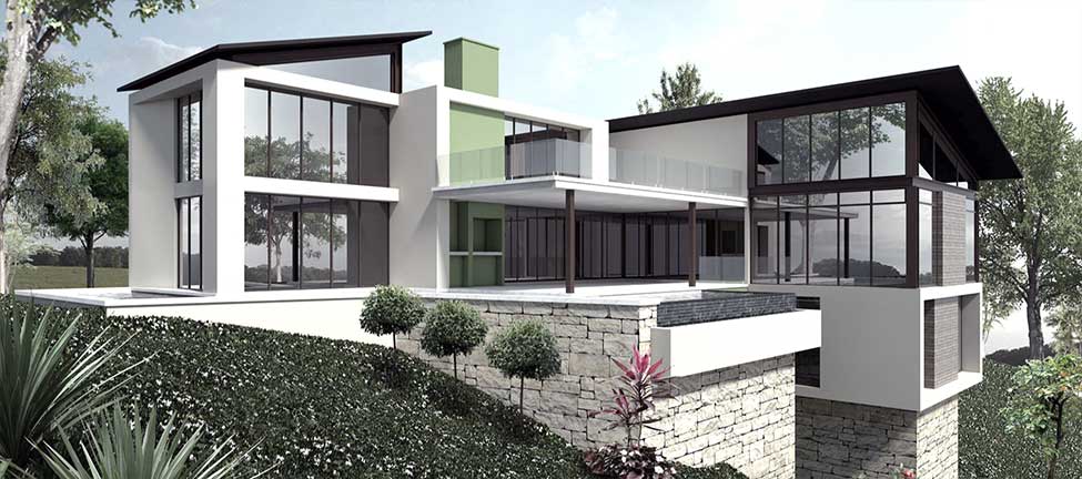 Render of a luxurious designer house boasting modern finishes, spacious interiors, and large windows overlooking a private pool. The design features rock-clad walls and incorporated I-beams for structural support, adding to its contemporary aesthetic.