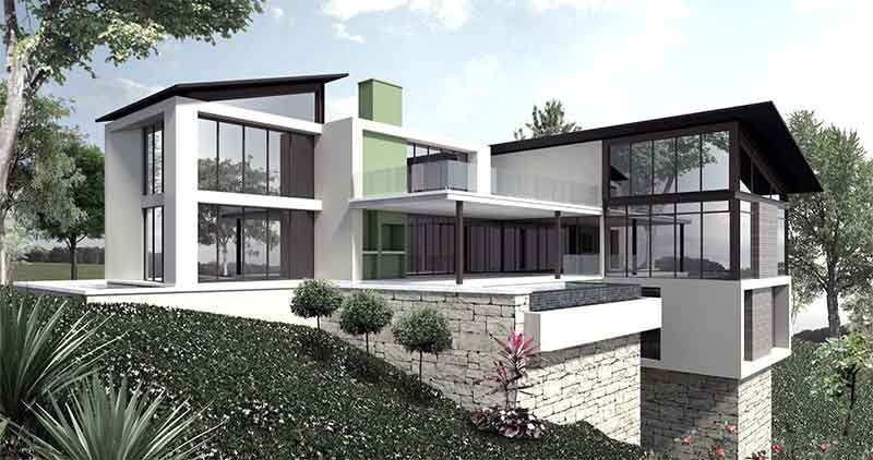 Stylish modern luxury house with large windows, pool, and green garden.