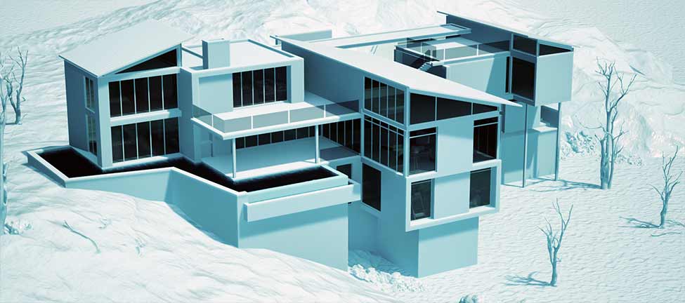 Render of a modern house presented in a distinctive clay render style, accentuating architectural details and design features for a comprehensive overview of the property's aesthetic appeal.