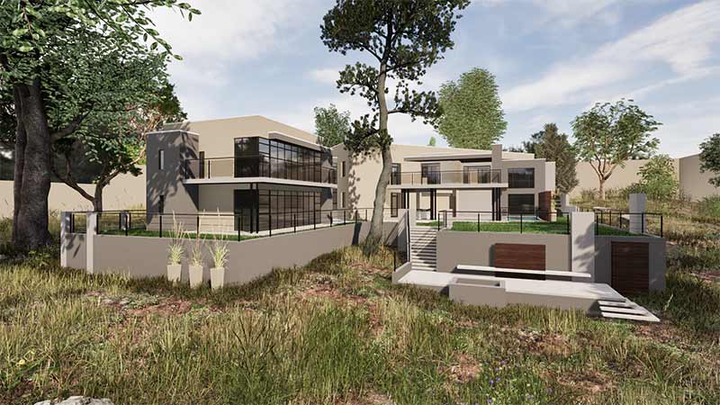 Render of a 3D scene depicting a two-story house with expansive windows and a barbecue area, accented with dark wood finishes to complement the overall design