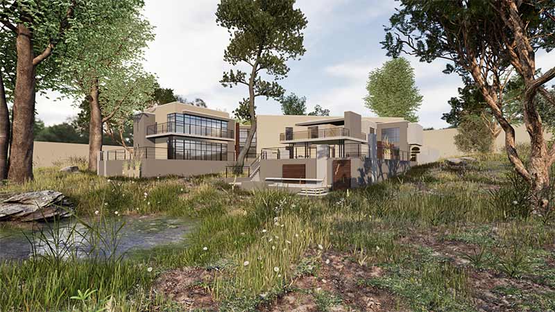 Exterior render of a contemporary 3D modeled house, highlighting a serene natural garden in the backyard with a cozy barbecue area, all nestled amidst towering trees