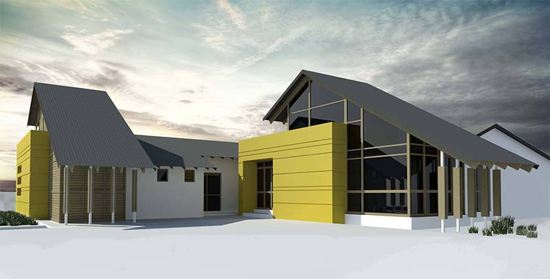 render of a modern office design, Yellow signature facade and large windows combined with some stylish wood collumns supporting the roof