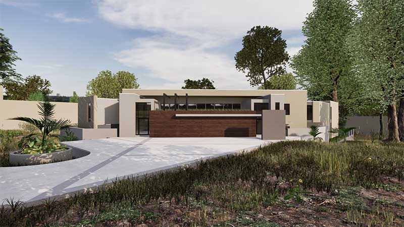 Exterior render of a modern 3D modeled house, showcasing distinctive dark wood-covered garages that lead to uniquely designed entrances, supporting the concrete roof overhang. A fusion of luxury and innovative design