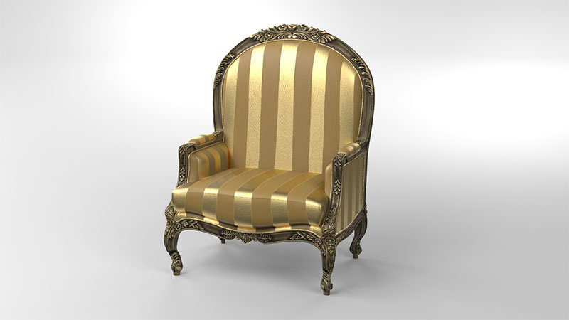 a Beautiful antique chair, with a hand crafted wooden frame, washed in a golden color, complemented by mat gold cushioning and broad lines within.