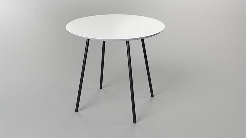 a simplistic coffee table, in a Minimalistic design, round white top with four clos black legs.