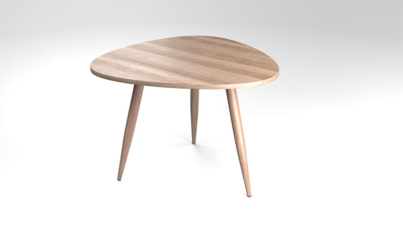 an elegant small coffee table that displays a triangulated top with rounded corners in light wood on three legs with narrow ends.