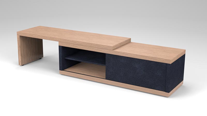 A 3D Rendered image of a designer tv stand, design to slide parts over one another, light wood finish with accent sliding doors in dark matt blue