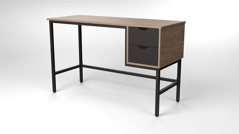 a image Render of a 3D model of a simplistic designed desk, a metal frame, dark wood finished and two drawers