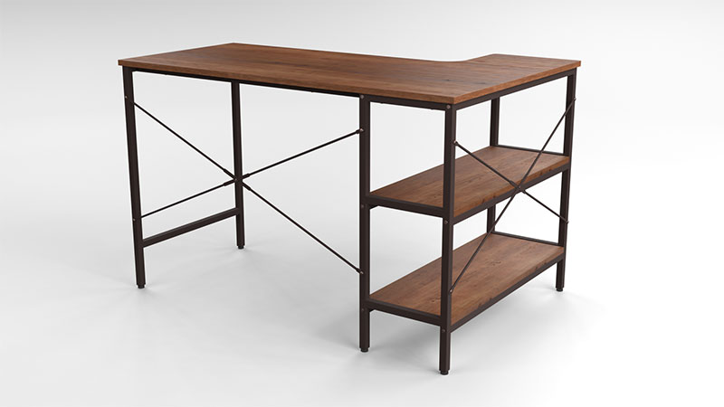 a 3D render of a large desk, displaying an L-Shaped frame in brown metal with beautiful natural wood on top and on shelves.