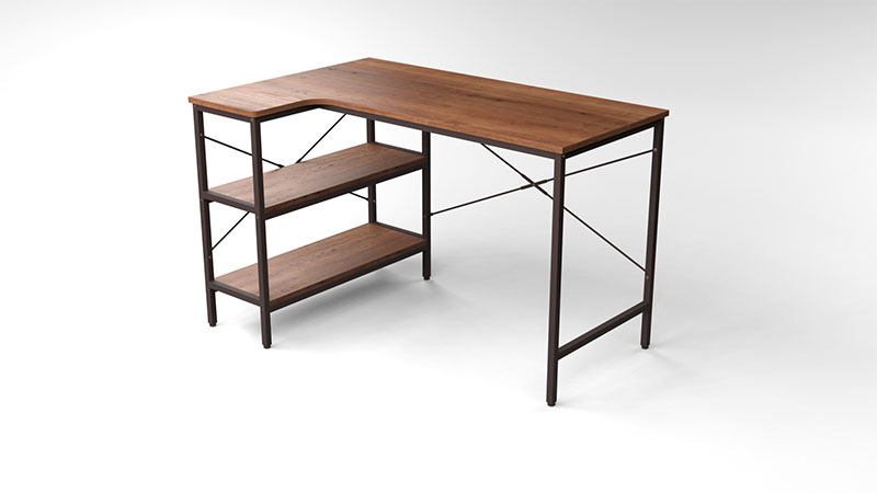 a 3D render of a large desk, displaying an L-Shaped frame in brown metal with beautiful natural wood on top and two shelves beneath the top.