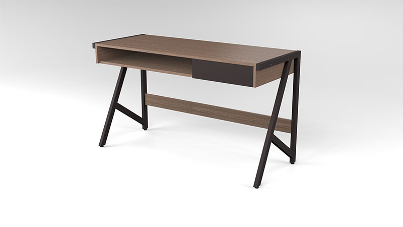 a 3D render of a study desk, with a modern design that displays a narrow drawer combined into a shelve with a neat footrest and in wood with a dark brown metal frame.