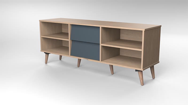 a Display stand designed in light wood with a modern touch of grey drawers in the middle.