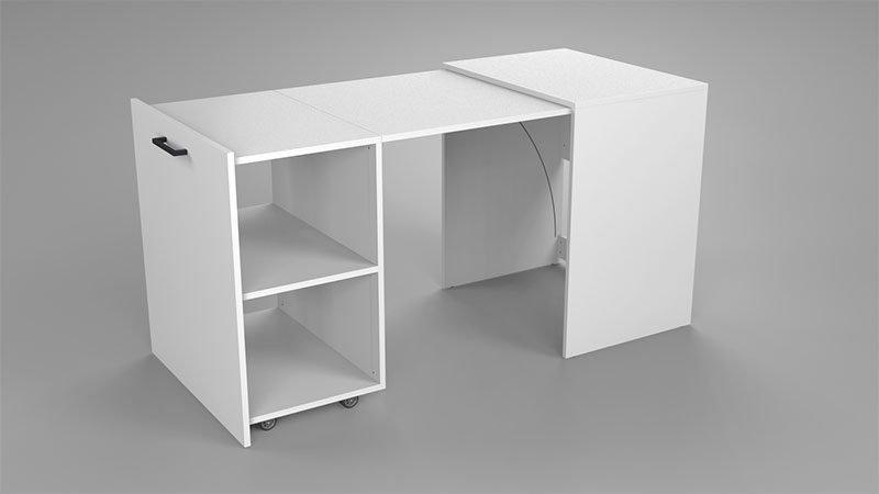 a 3D render of a simplistic but practical designed laundry that can be pulled out to extent working space, matt white with black handles and wheels. 