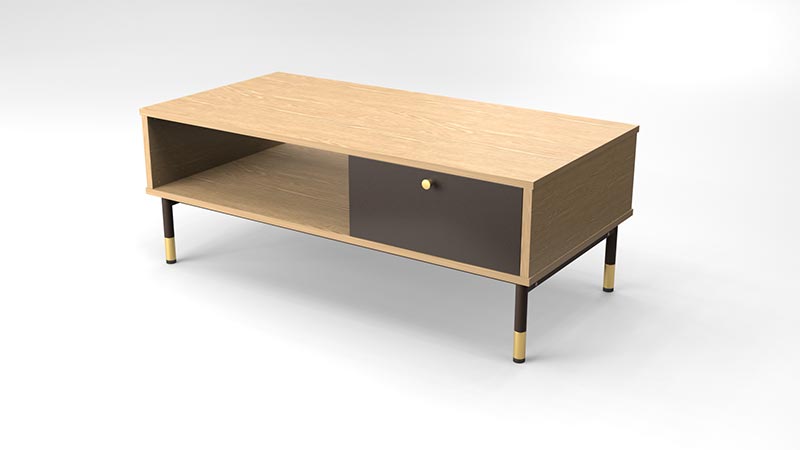 a 3D redered image of a modern Minimalistic design main material is wood with a brown drawer and gold handle.