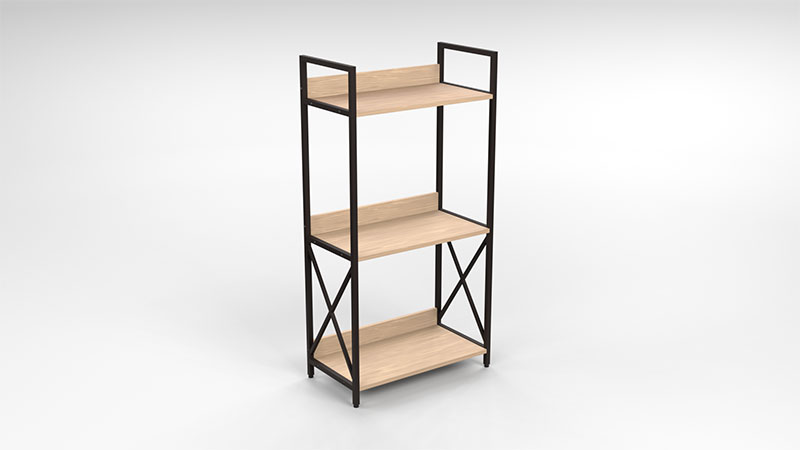 A simplistic designed shelve, displaying three shelves in light wood with a narrow back rest and exta support in the metal frames on the side.