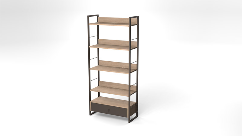 A tall Minimalistic designed shelve with metal frames on the sides, five shelves in light wood with a drawer at the bottom.