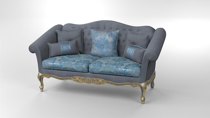 3D rendered image of an elegantly designed antique sofa, variations blue in the design with satin blue flower patterns on the seats and hand crafted wooden legs in a faded cold color.