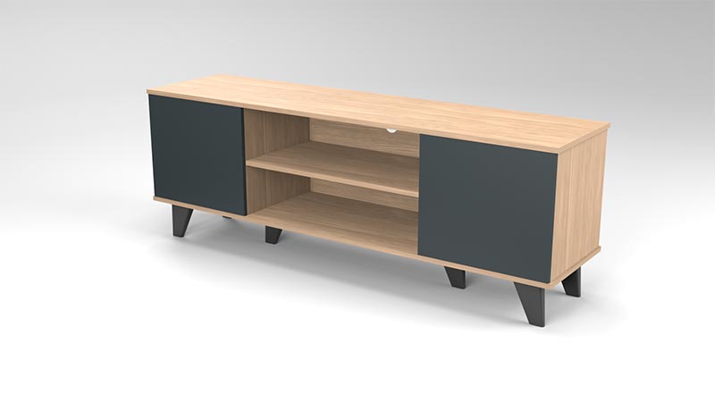 A light wood tv stand on six sturdy legs, designed in wood with two shelve in the middle and a grey swing door on each side.