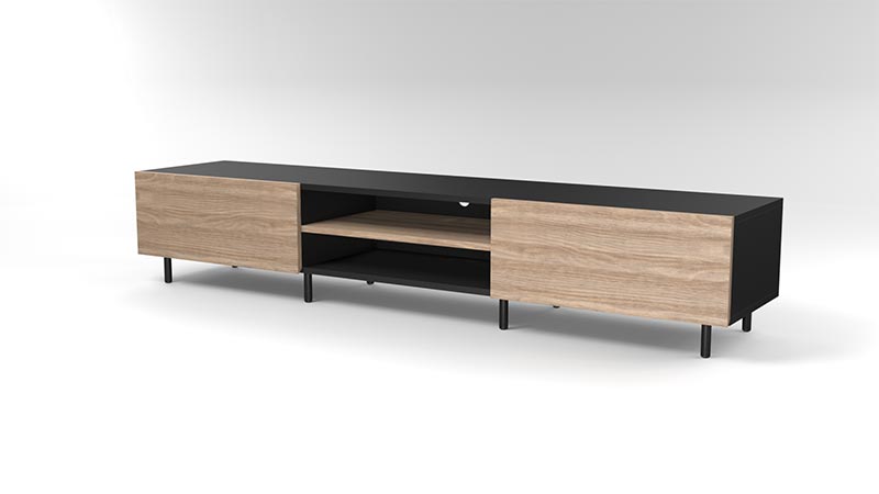 A 3D rendered image of an elegantly designed tv stand or cabinet, mainly black with smooth wood finishes on the doors.