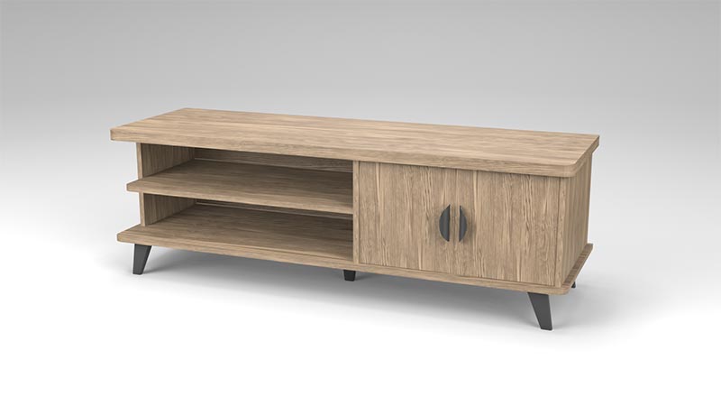 a 3D Render of a compact wooden tv stand, designed with light wood displaying to door and 3 shelves.